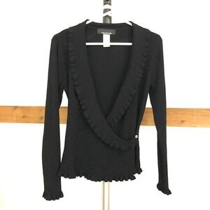 Jones New York Black Ribbed Ruffle Faux Wrap Sweater Top Sz S